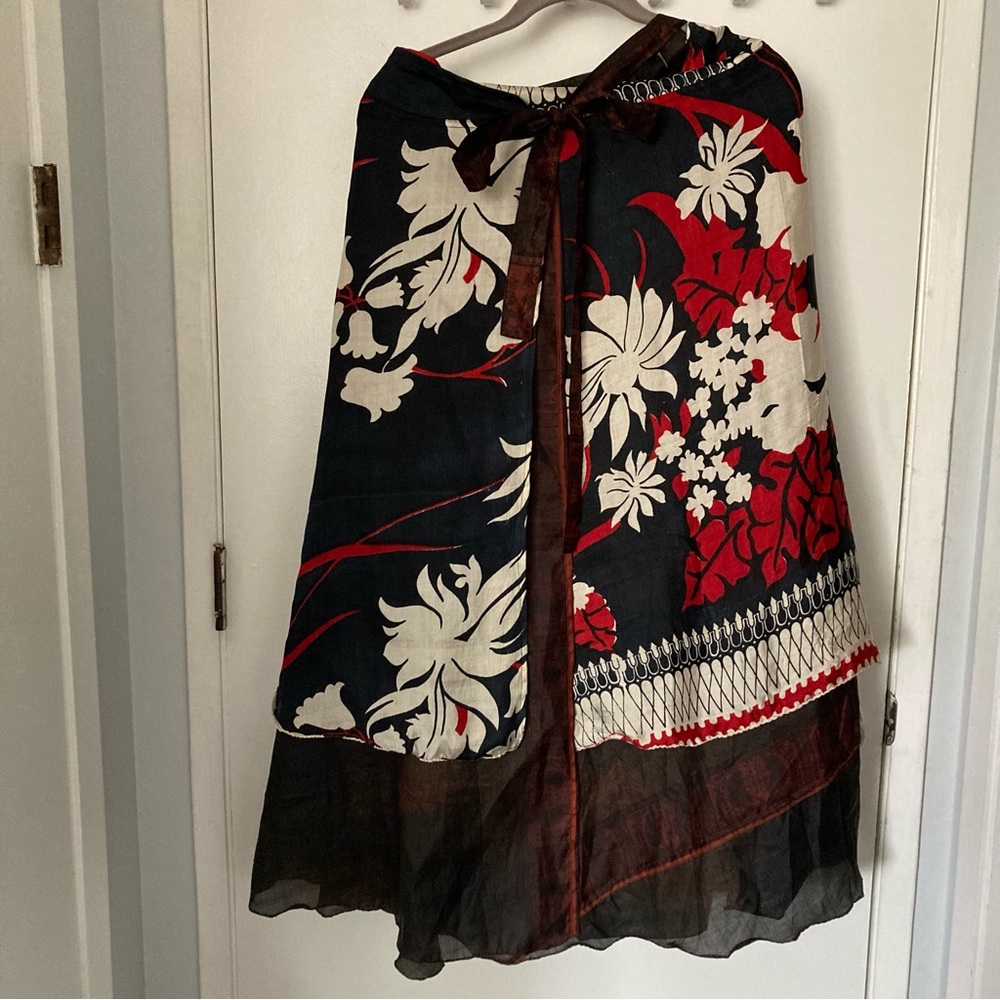 Midi Floral Print Red and Blue Silk Sari Wrap Skirt